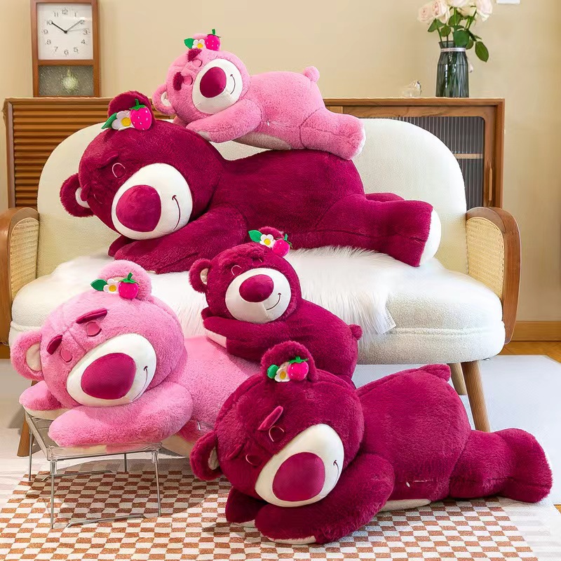 Popular cute lying strawberry bear pink bear doll pillow plush toy soft doll gift wholesale