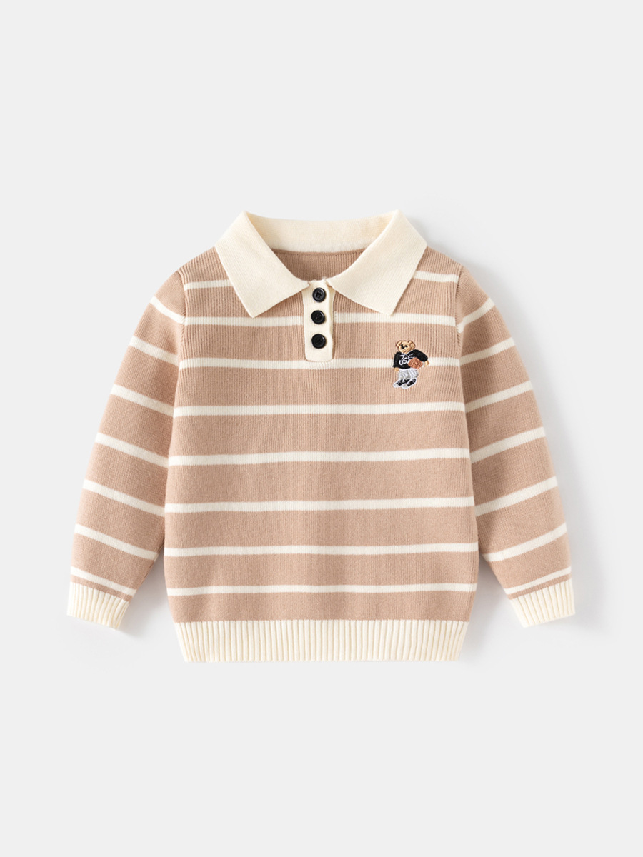 European and American Style Kidsren's Clothing Boys Stripesd Jacquard Single Layer Core-Spun Yarn Thick Needle Sweater Kidsren's Bear Embroidered Lapel Sweater