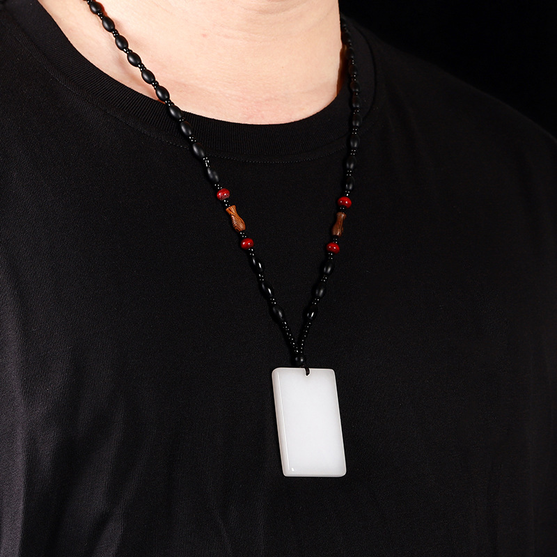 Xinjiang Hotan Golden Silk Jade White Male and Female Couple Necklace Natural Jade Engraved Safe and Sound Pendant