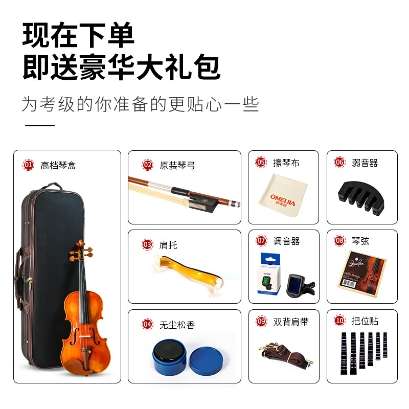 Oumeijia Handmade Violin, Solid Wood Adult Professional Performance and Examination Instrument with Sensitive Sound, P200 Violin
