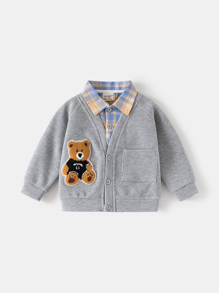 Spring new Korean version of fake two-piece coat children's fashion long sleeve sweater boy cartoon top tide children's clothing wholesale