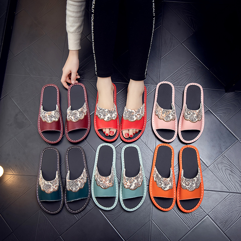 Embroidered Cowhide Slippers Retro Style Cowhide for Men and Women Home Room Spring and Summer Non-Slip Soft Bottom Leather Slippers