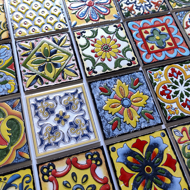 Glazed small tiles 100x 100 retro American pastoral waist line tiles kitchen bathroom background wall modeling flower pieces