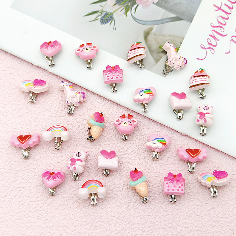[Can] Cross-Border New Kidsren's Pierced Ear Clips Valentine's Day Heart Earrings Cute Unicorn Ear Clips