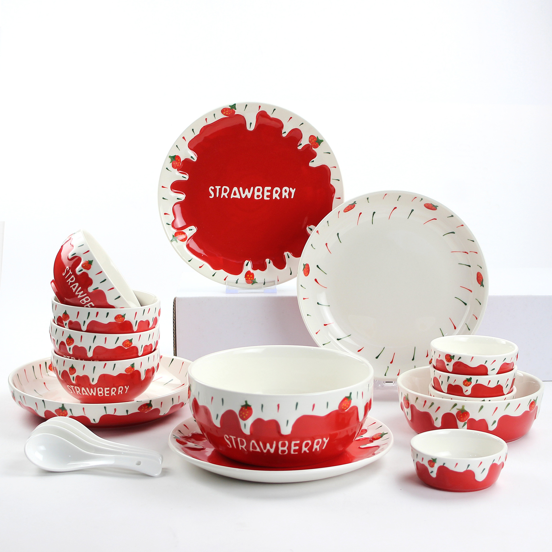 Embossed Strawberry Series Ceramic Tableware Set Hand-Painted Breakfast Cup Rice Bowl Soup Noodle Bowl Salad Bowl Dark and Light Dinner Plate