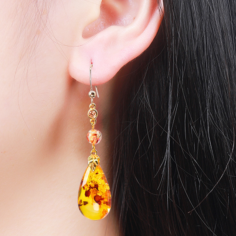 Earrings with Gold-Plated Versatile Water Drop Design, Pure Silver Natural Amber 25 Earrings, New Model S9 Women's Fashion Flower Amber Ear Hooks