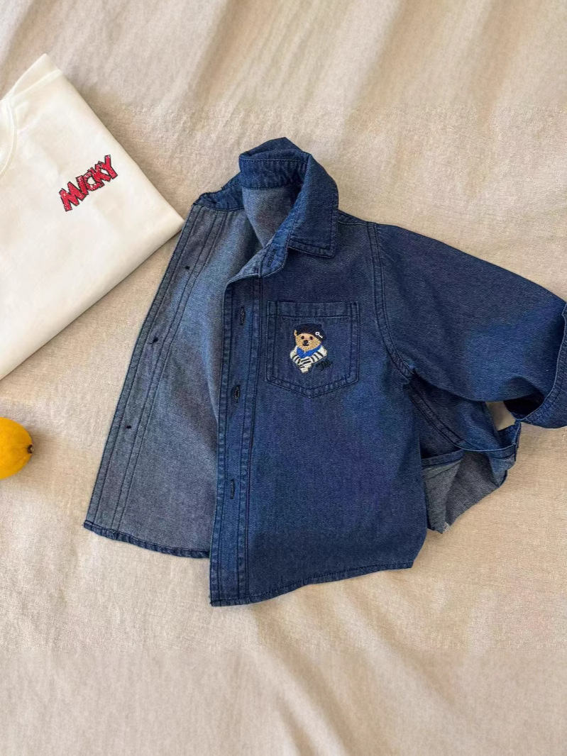 Children's Denim Shirt 2025 Autumn New Children's Clothing Boys Korean Style Embroidered Casual Top Baby Tops Trendy and Cool