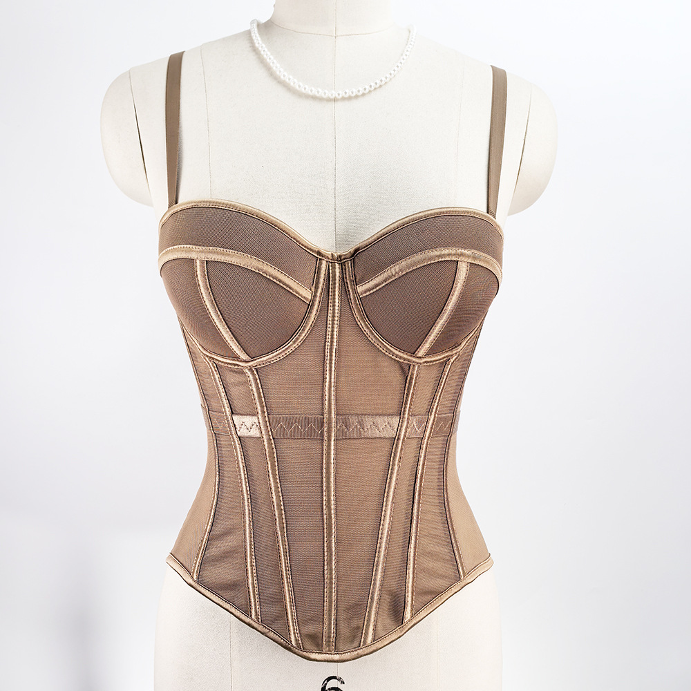 European and American Style Pure Desire Fishbone Bra Knitted Mesh Solid Color Camisole Slimming Beautiful Back Strap Bra Pad Outerwear Bra