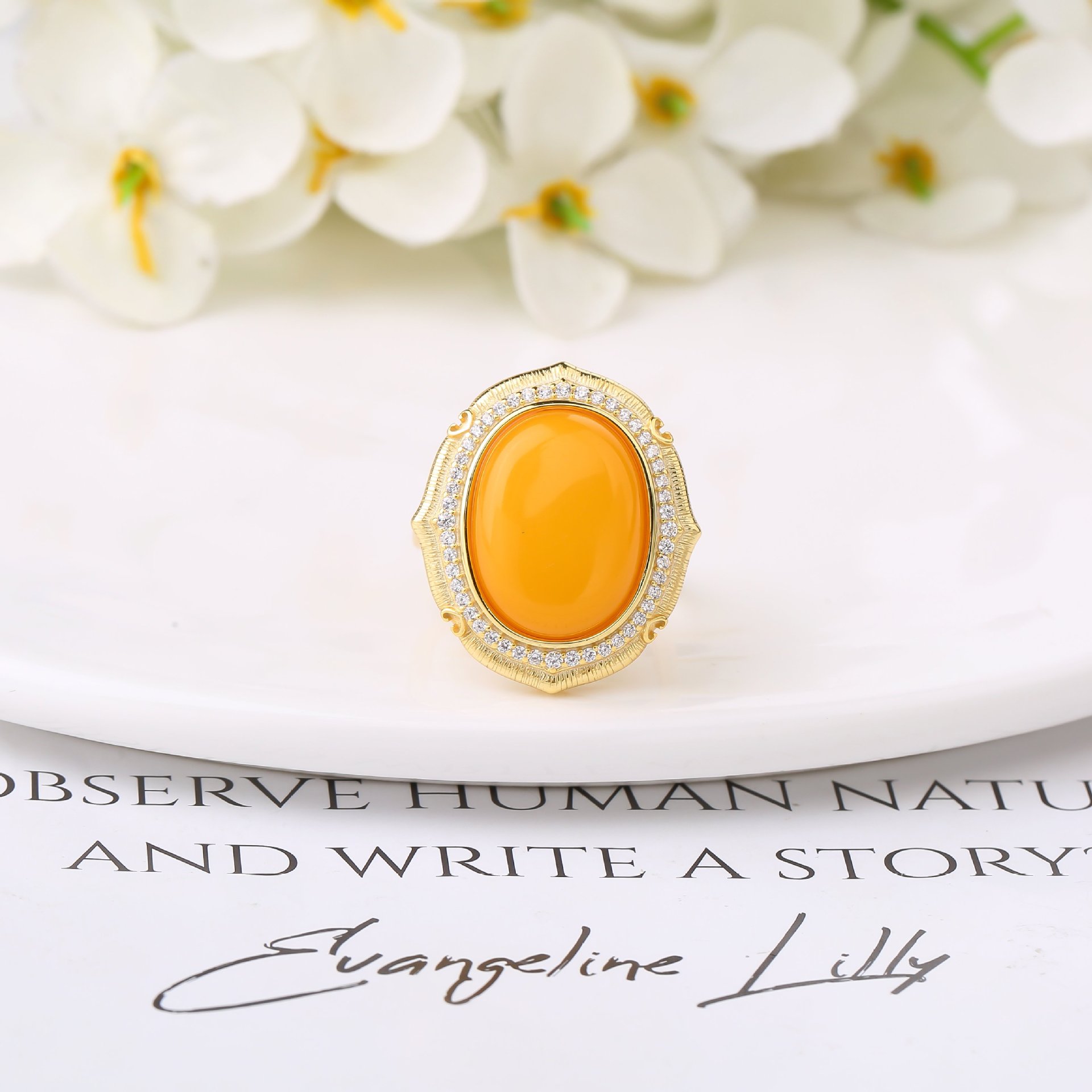 S925 Silver Natural Russian Amber Simple and Elegant Brushed Craft Fashion Set Pendant Earrings Ring