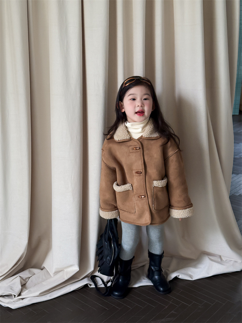 2025 Winter New Korean Style Children's Clothing Girls' Suede Composite Lamb Wool Jacket Plus Velvet Thickened Jacket