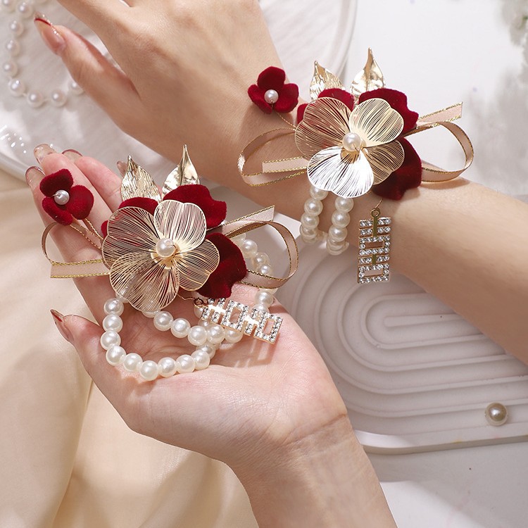 Цветок на запястье для подружки невесты Высококачественный супер фея Цветок для рук Декор для рук Свадебная группа подружек невесты Лента