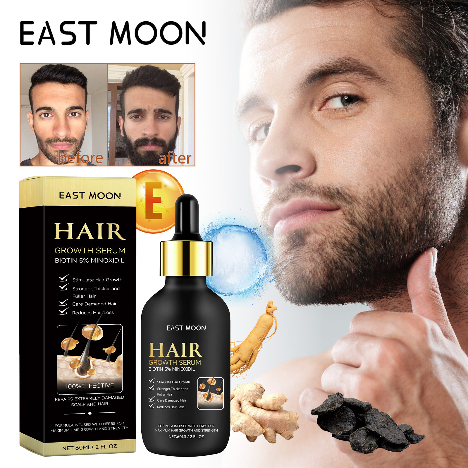 Жидкость для роста бороды East Moon для мужчин, питательная, утолщающая, против выпадения