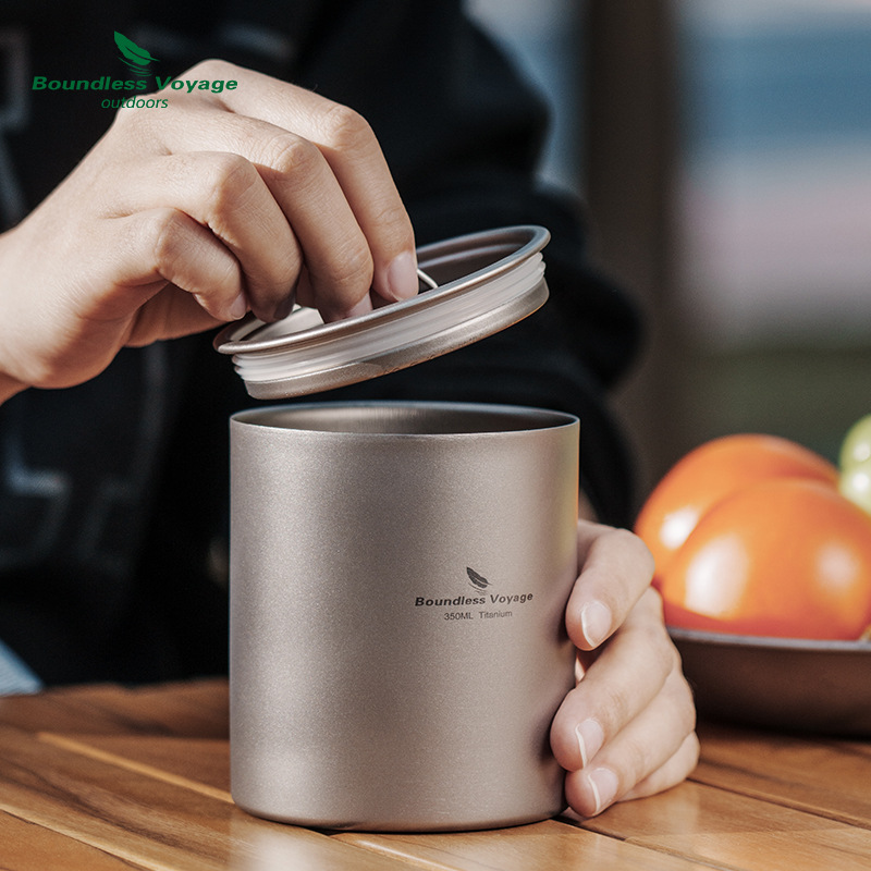 Biwei pure titanium double-layer anti-scalding and heat-insulating water cup 350ml outdoor mug with lid cup camping cup coffee