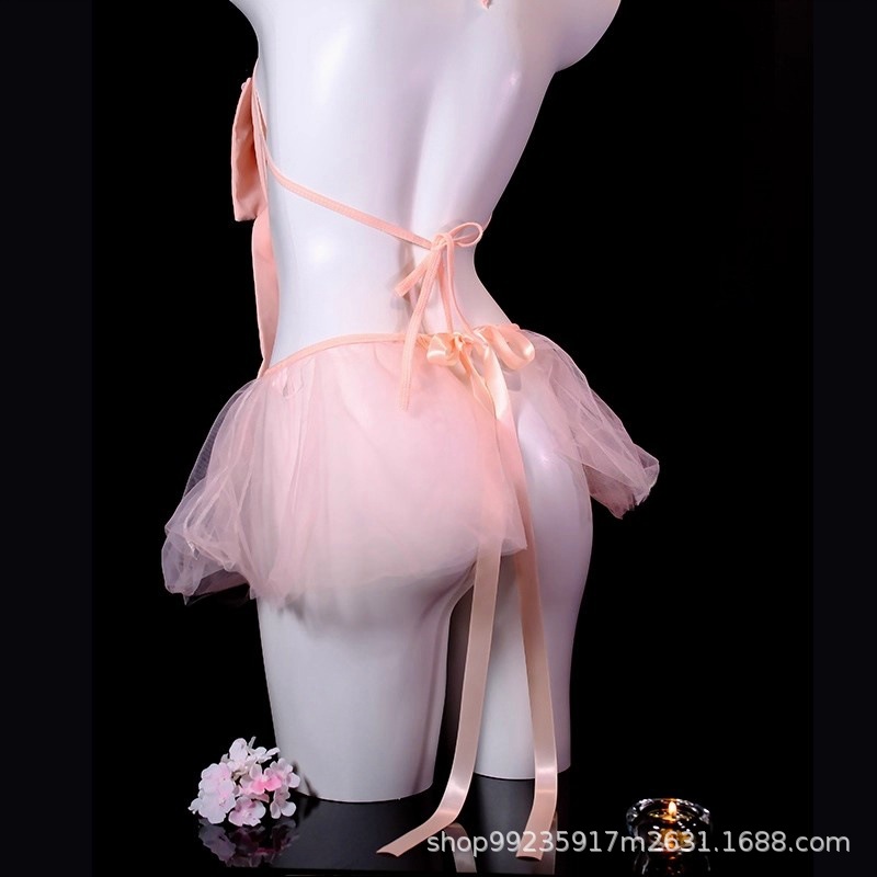 Pink and Cute Big Bow Three-Point Pure Lust Temptation Splicing Mesh See-Through No-Take-Off Suit Sexy Underwear