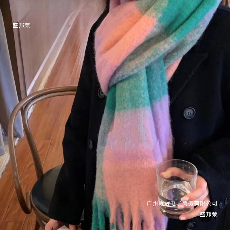 Autumn and Winter New Thickened Warm Rainbow-Colored Plaid Scarf European and American Loop Yarn Thick Tassel Color-Blocking Shawl Universal