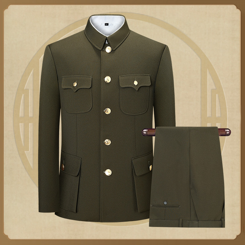 Army Green Zhongshan Suit suit Middle-aged and Elderly Zhongshan Suit Clothes for the Elderly Cotton Autumn and Winter Grandpa Dad Old Man Clothing