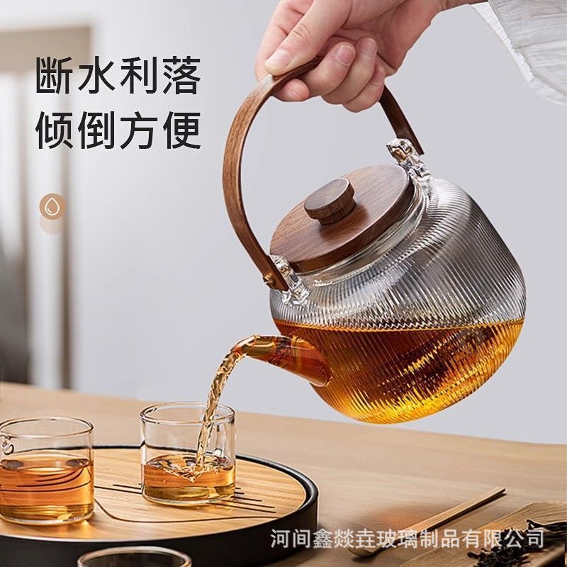 High Borosilicate Glass Teapot with Handle, Transparent Heat-Resistant Hammered Pattern, Bamboo Handle, Health-Preserving Flower Tea Brewing Teapot