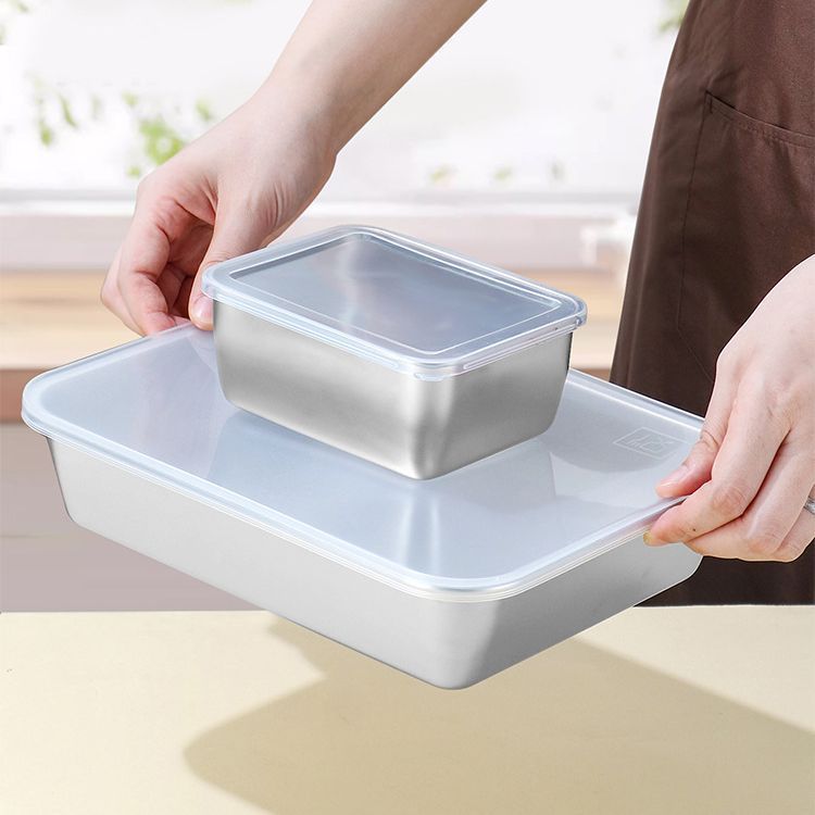 Stainless Steel Crisper Box Square with Lid Rectangular Barbecue Plate Lunch Box Stainless Steel Lunch Box Refrigerator Hot Pot Vegetable Preparation Basin