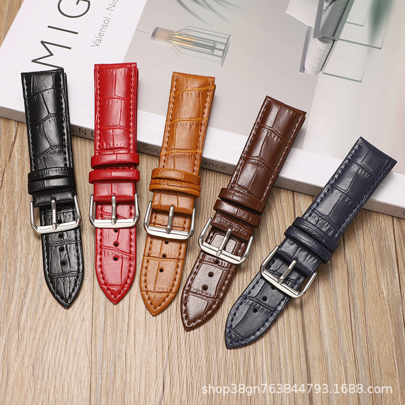 Factory Direct Sales Genuine Leather Watch Strap Crocodile Pattern Bamboo Pattern Pin Buckle Watch Strap Seven Colors Optional Suitable for Huawei Gt Samsung Apple