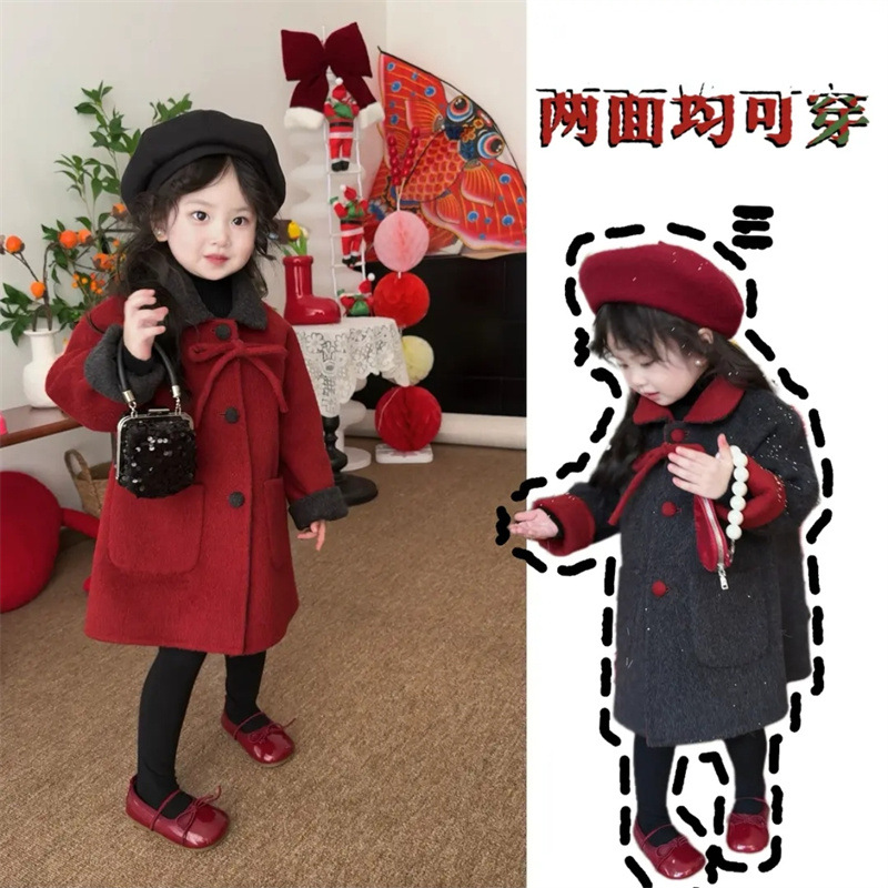 [Sweet Little Chef] Girls' Coat Autumn/Winter 25 New Style Children's Reversible Woolen Coat Mid-Length Korean Style