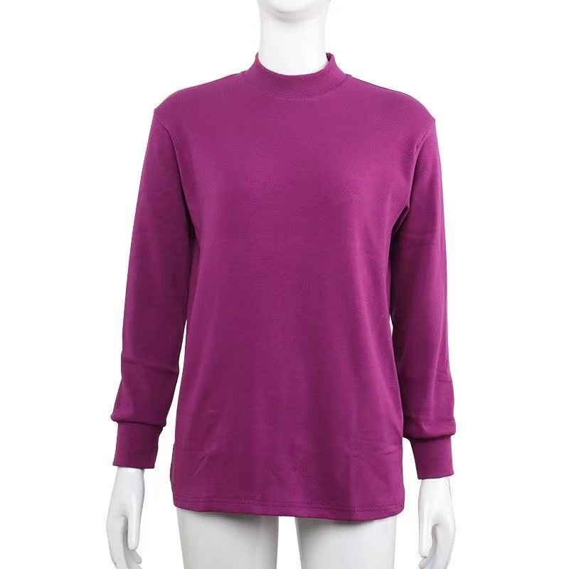 Solid Color Basic Base Layer Shirt for Middle-Aged and Elderly Mothers, Loose Cotton Sweater, Round Neck, Large Size, All-Cotton Autumn Shirt for Women, Long Sleeves