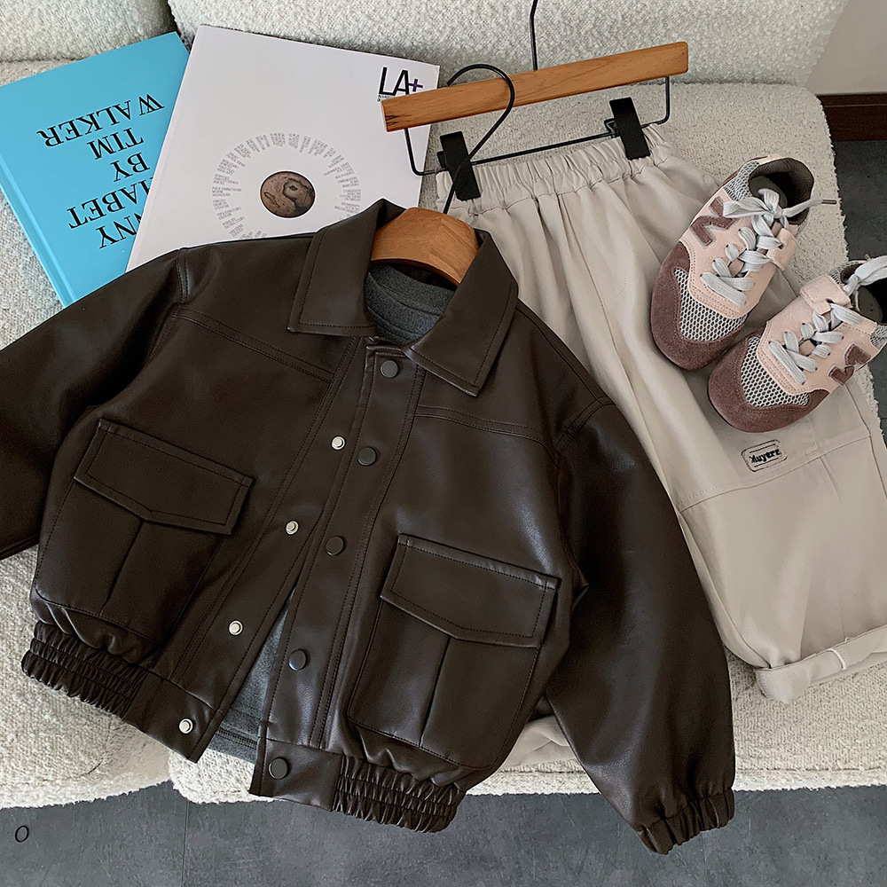 Muye Spring Leather Jacket Huzhou Zhirui Children's Clothing Boys' Korean Style Solid Color Lapel Jacket Baby Versatile Jacket