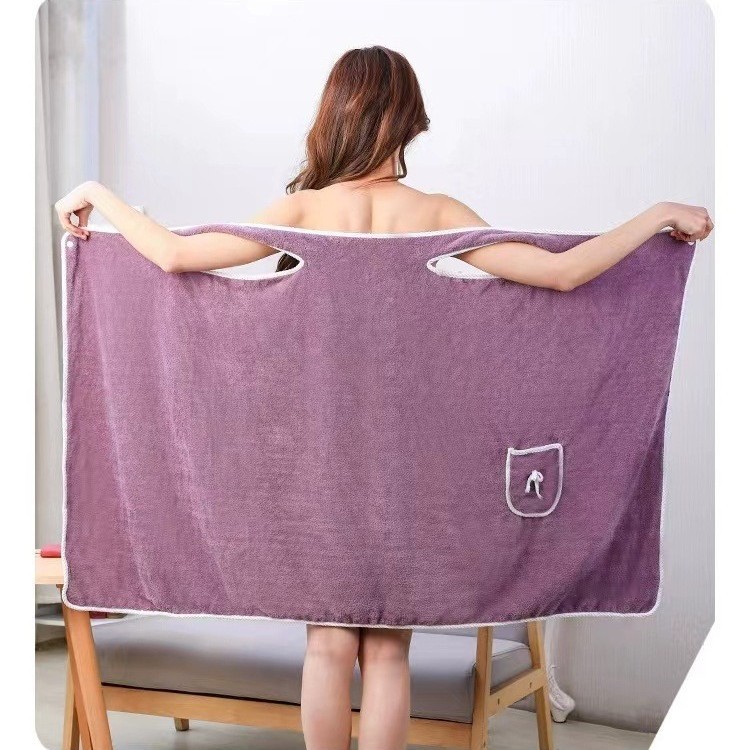 Coral Fleece Bath Skirt for Adults, Soft and Thick, Absorbent Bath Towel with Bow, Pocket, Short Sleeves, Can Be Worn as a Strapless Quick-Drying Bathrobe