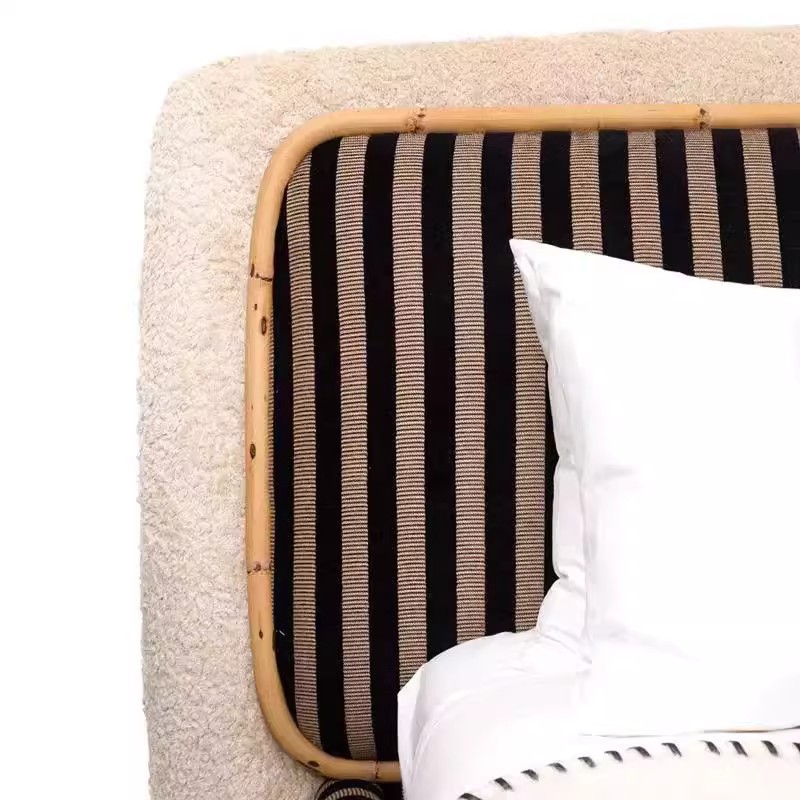 Italian-Style Fabric Bed with Lambswool Black and White Striped Bed, High-End Custom Design Velvet Bed for Luxury Villas, Double Bed