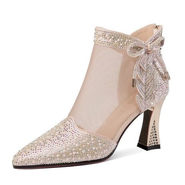 Pearl Rhinestone High-Heeled Mesh Boots for Women, Hollow Thick Heels, Fashionable and Versatile Pointed Toe Breathable Mesh Sandals, Summer Large Size Sandals