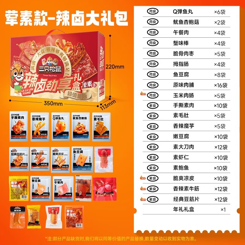 Three Squirrels Spicy Braised Gift Box Snack Pack Meat Travel Late Night Snack Whole Box Braised Food Gift for Others