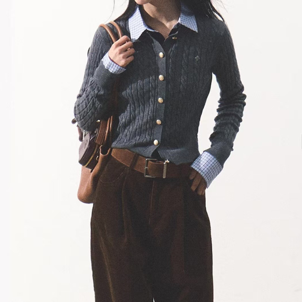 Процесс Растущего "Классический Старый День Академический Шершава Вязаный Свитер Многоцветный Круглый Вырез Простой Універсальный Кардиган Женская Одежда для Экспорта