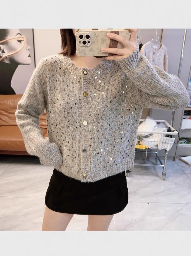 Autumn and Winter New Korean Style Loose Slim Round Neck Sequined Knitted Cardigan Women's Sweater Single-Breasted Fashion Jacket