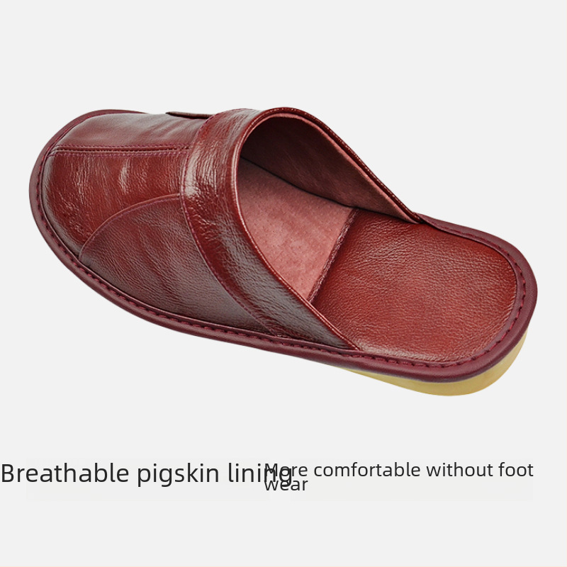 First-Layer Cowhide Toe-Toe Genuine Leather Slippers for Spring & Fall Seasons for Men and Women, the Elderly, Home Use, Indoor Non-Slip Beef Tendon