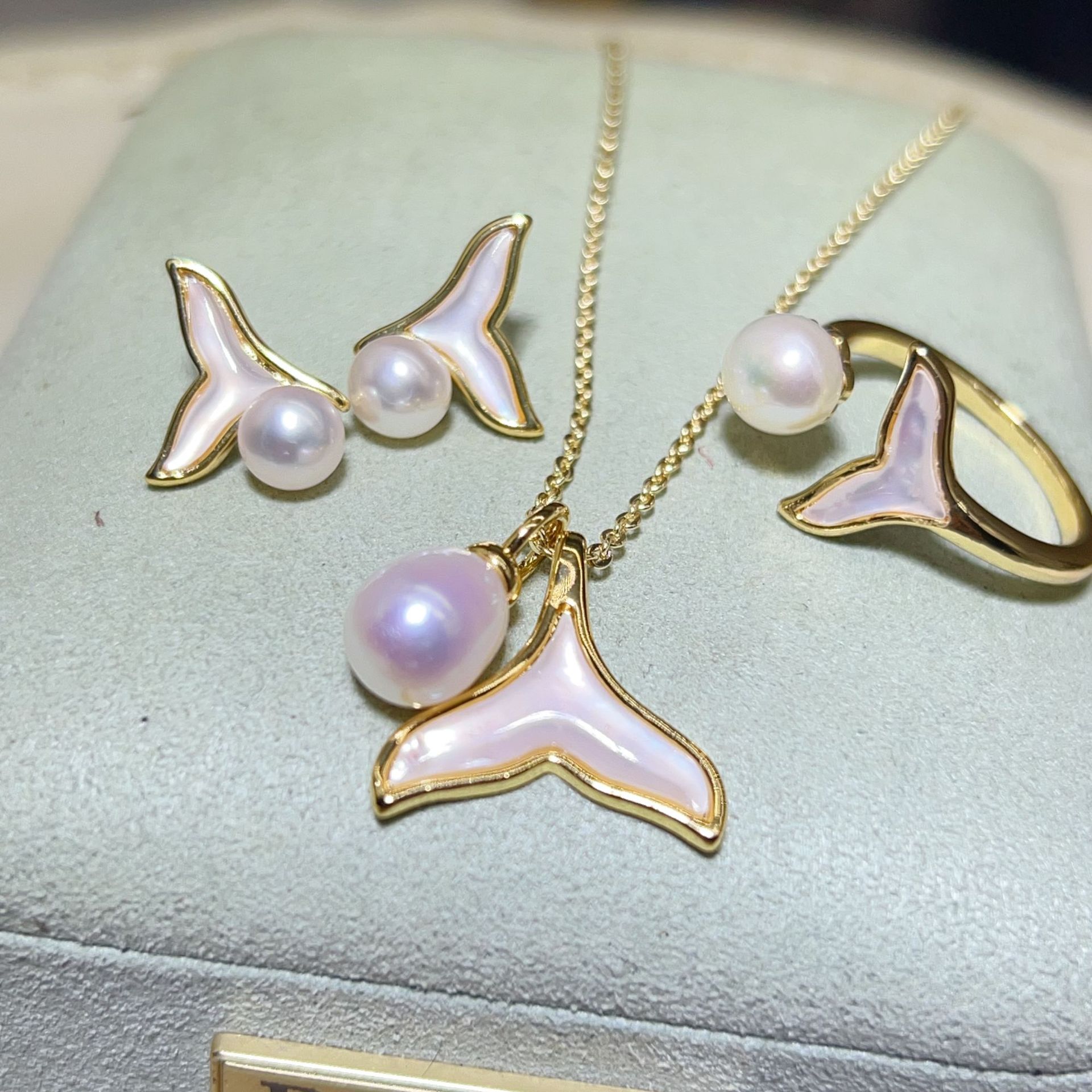 S925 Silver Needle Gold Plated Summer New Pearl suit Natural Freshwater Pearl Cute Small Animal Stud Earrings Necklace