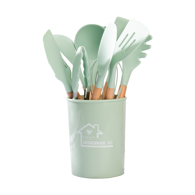 Cross-Border Kitchen Set Wooden Handle Silicone Spatula Cooking Spoon Non-Stick Frying Spatula 12 Sets Storage Bucket Ready for Sale