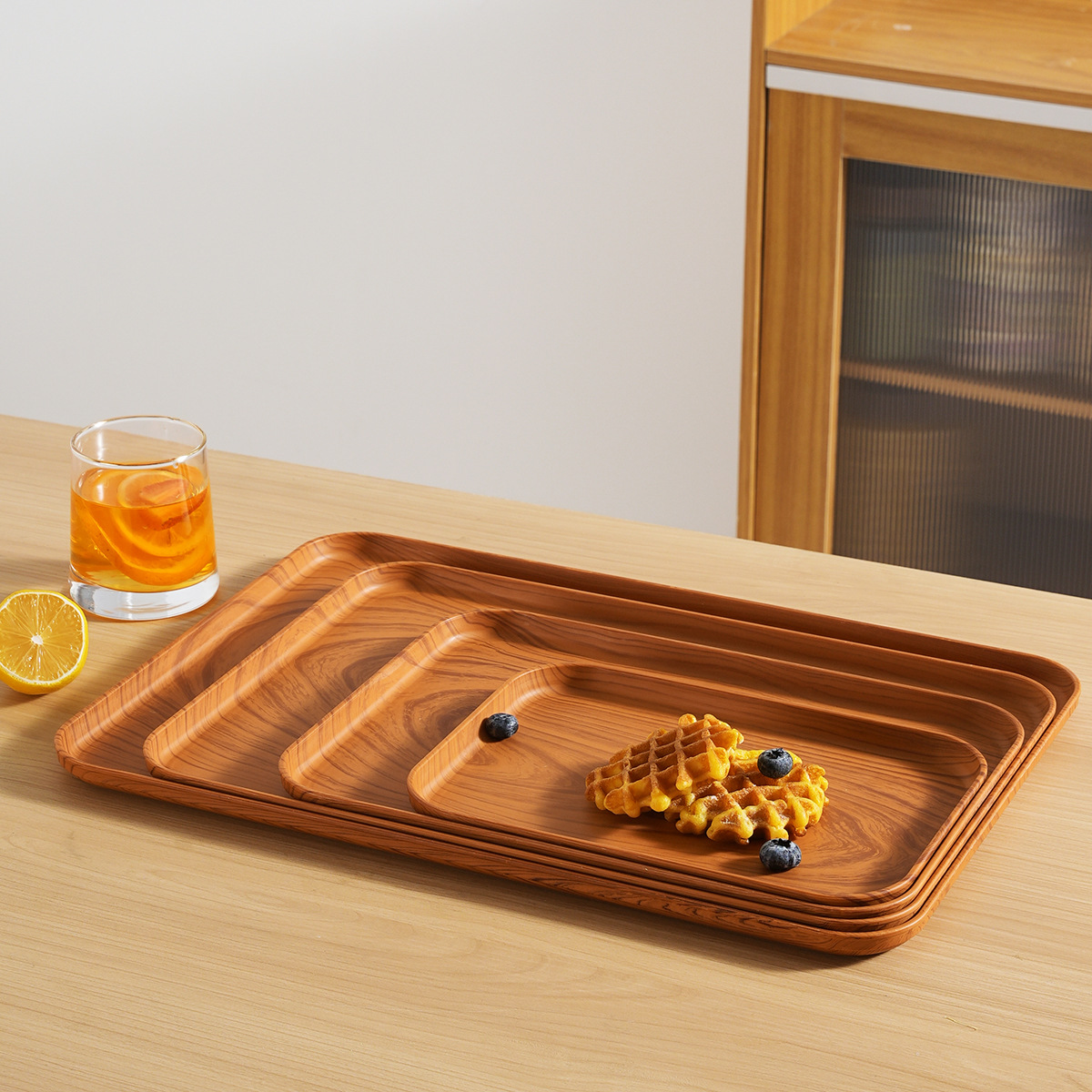 Cross-border Imitation Wood Grain PP Tray Chinese Tea Tray Coffee Table Desktop Fruit Plate Water Cup Snack Dinner Storage Plate