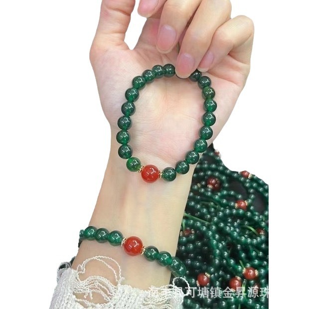 Natural Green Agate Bracelet Chalcedony with Red Agate Women's Bracelet Little Red Book Online Celebrality Live Welfare Original Design