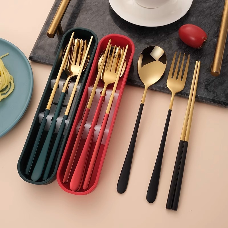304 stainless steel portable tableware chopsticks spoon fork three-piece suit student office worker travel portable outfit