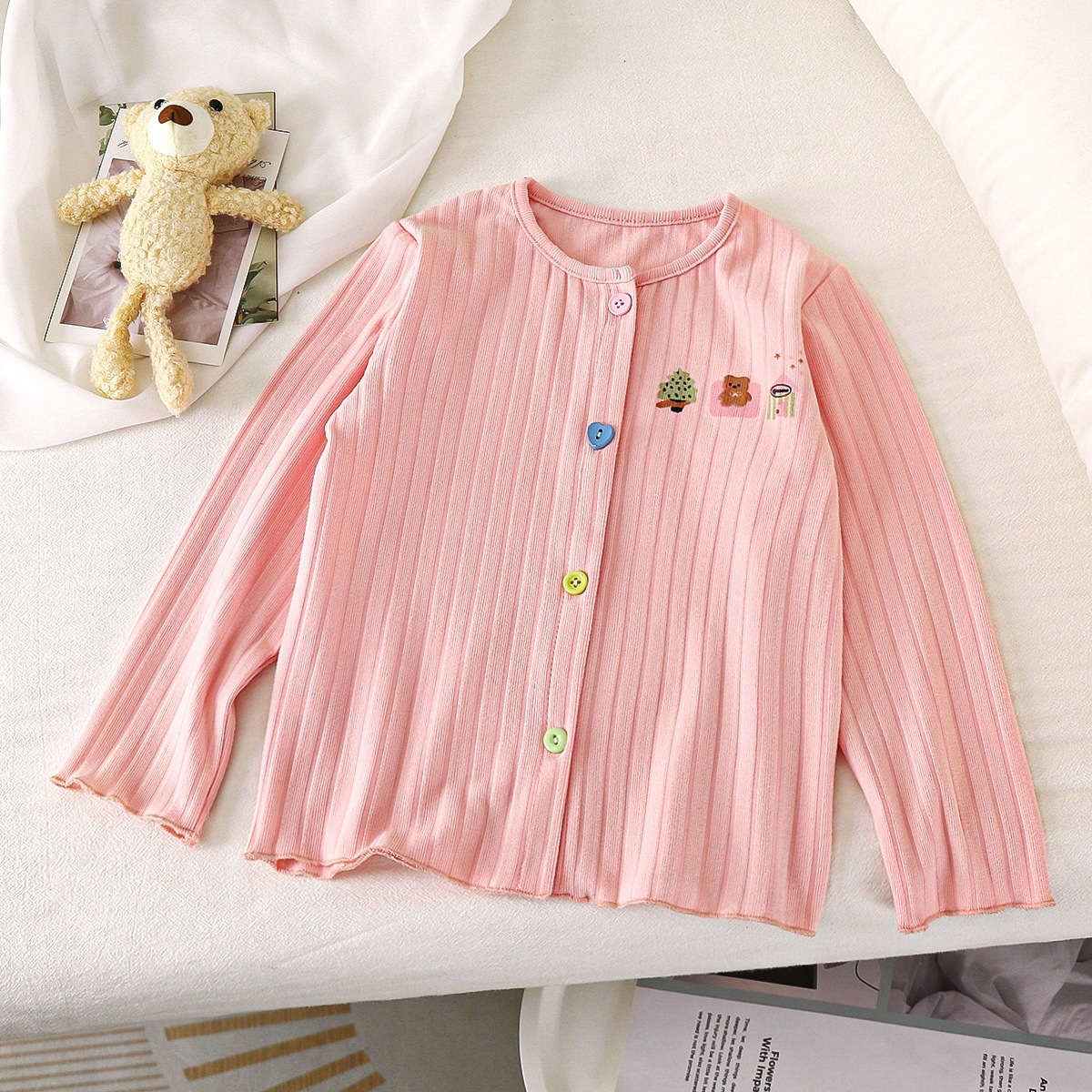 Girls' Base Shirt Soft Foreign Style Cardigan Women's Cartoon Color Button Long Sleeve Coat Korean Foreign Style Baby Children's Wear