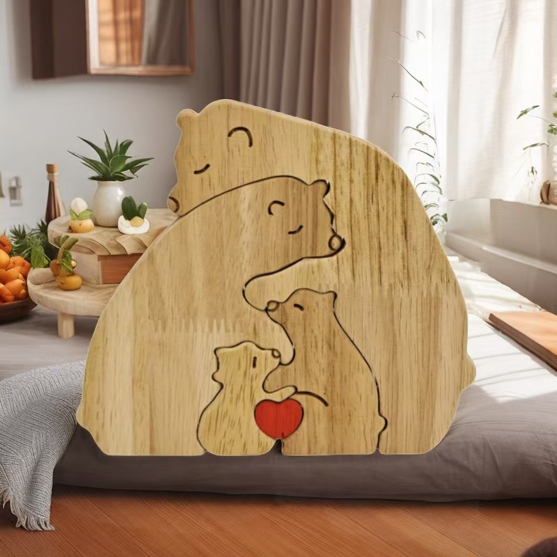 Cross-border New Wooden Puzzle Mother and Son Cross-legged Bear Warm Family Solid Wood Home Decoration Handmade Art