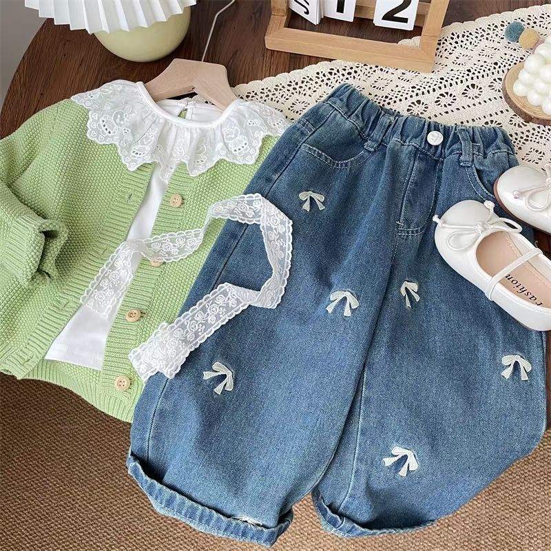 Girls' Jeans, Autum Straight-Leg Wide-Leg Pants, Kidsren's Pants with Embroider, Spring and Autum Style Long Pants for Kidsren with Flower Embroider