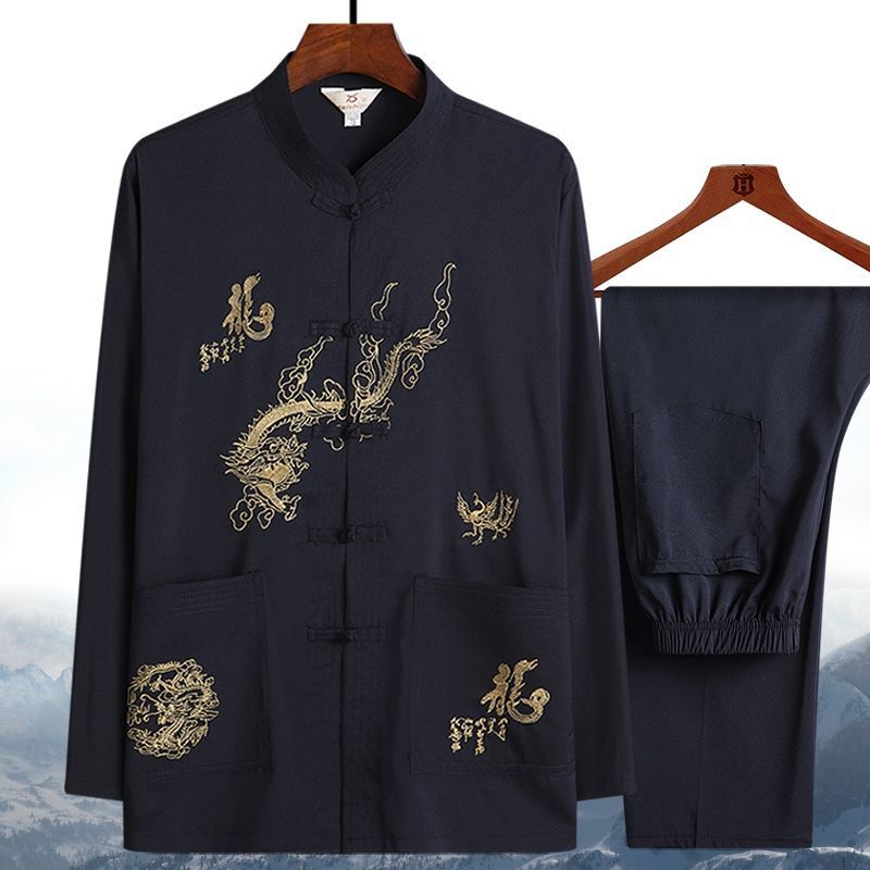Tang Suit Male Dad Middle-aged and Elderly Two-piece Suit Chinese Style Grandpa Summer Old Man Morning Exercise Spring and Autumn Long Sleeve Hanfu