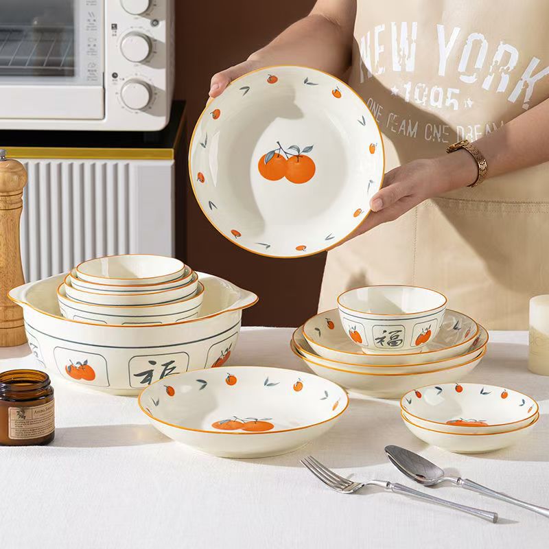 Everything Goes Well Chinese Underglaze Color Ceramic Household Rice Bowl High-Value Eating Bowl Cream Style Dishes Plate