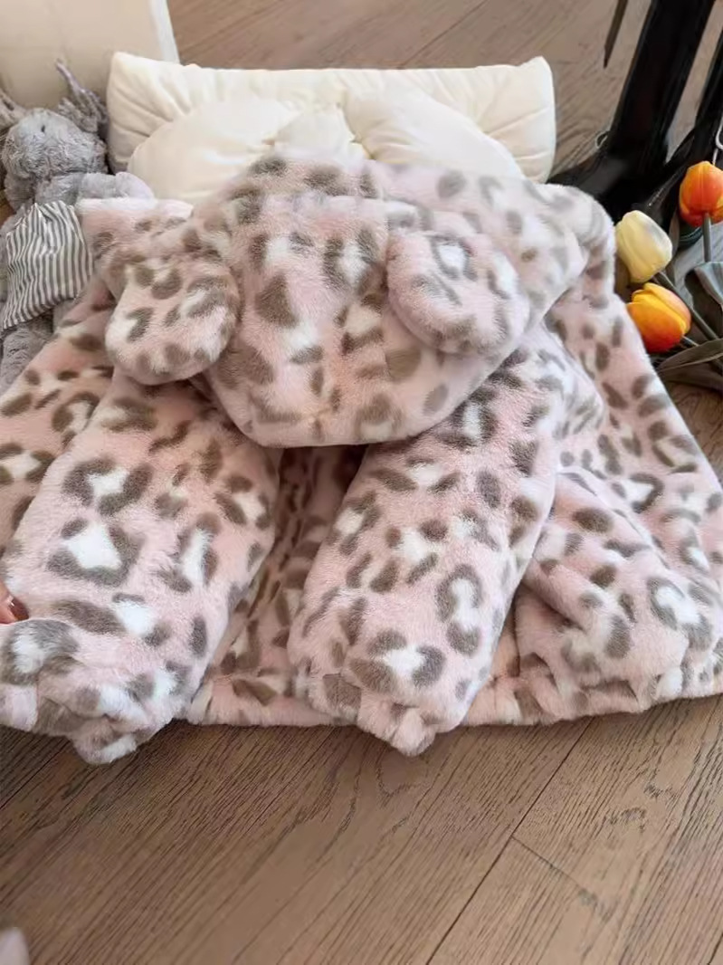 Girls' 2025 Autumn and Winter New Children's Winter Cotton-padded Coat Contrast Color Leopard fleece-lined Thickened Baby Hooded Jacket