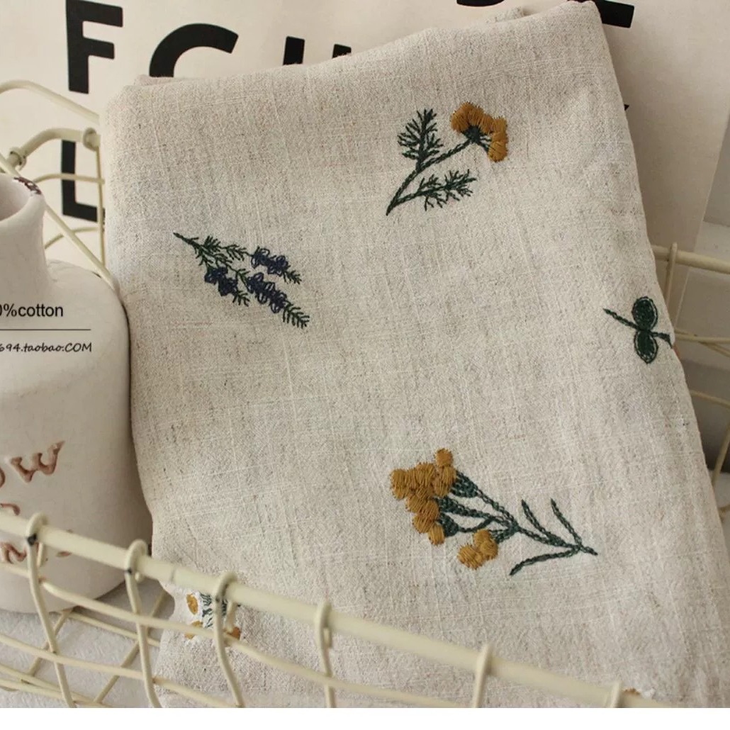 Cotton and Linen Embroidered Fabric Lavender Handmade Fabric Garment Fabric Pastoral Style 2 Colors