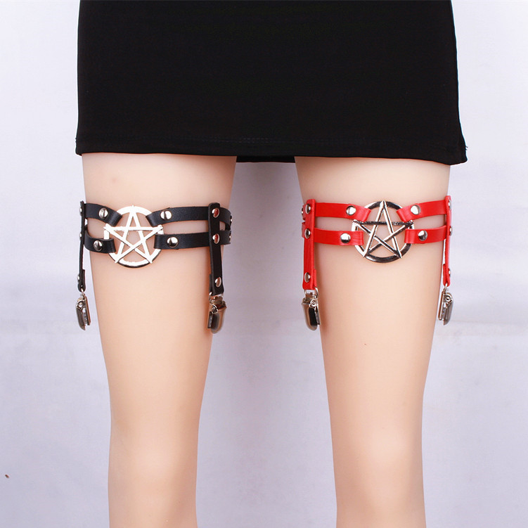 Европейский и американский панк сексуальный кожаный пояс с пятиконечной звездой заклепки кольцо для ног хип-хоп рок индивидуальный двойной пояс для чулок