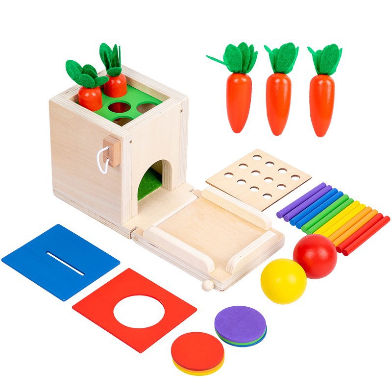 Children's Montessori four-in-one shape matching coin box stick pulling radish fishing building blocks game wooden toys