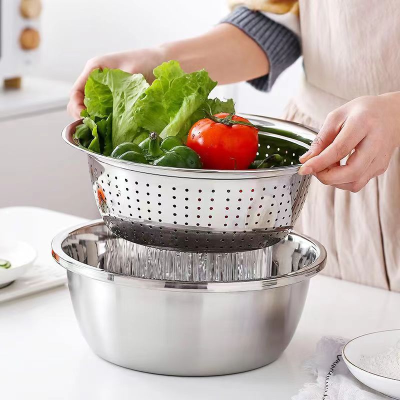 Multifunctional Thickened Stainless Steel Basin Draining Basket Throwing Silk and Cutting Vegetable Artifact Washing Vegetable Rice Drain Basin Basin Three-piece Set Basin