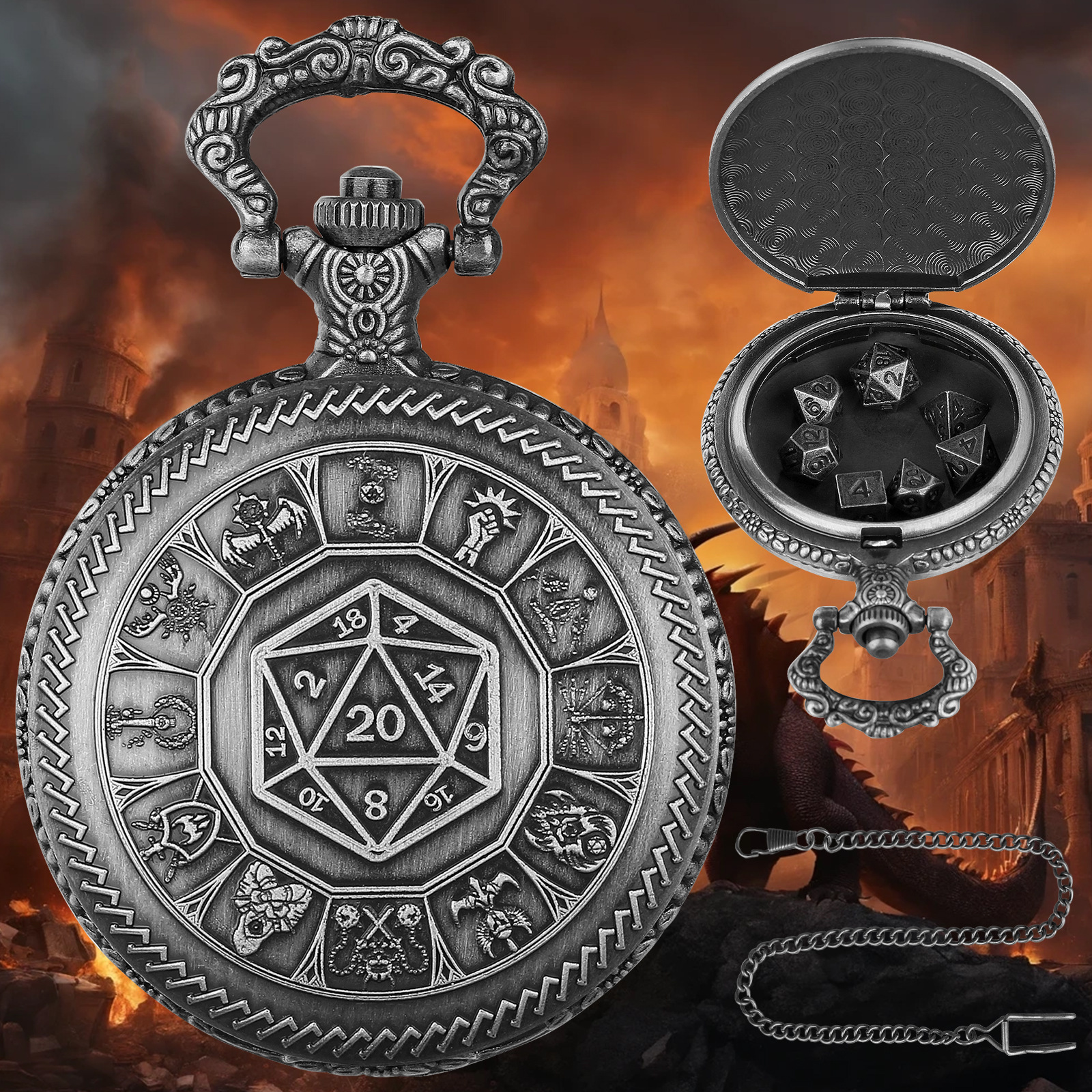 (Private Model) Dnd Dice Jewelry Case Antique Center Dice Pattern Pocket Case Thick Waist Chain Dropshipping