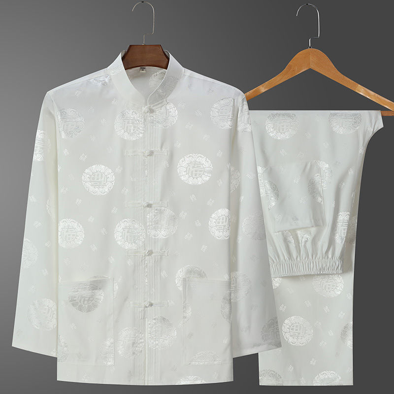 Elderly Tang Suit Men's Ice Silk Long-Sleeved Summer Middle-Aged and Elderly Birthday Grandpa Suit Chinese Style Dad Spring & Fall Suit